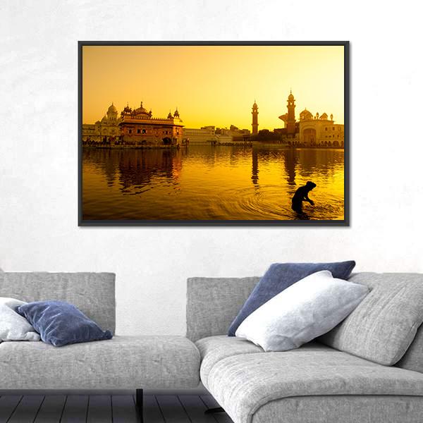 Sunset At Golden Temple In India Canvas Wall Art-5 Horizontal-Gallery Wrap-22" x 12"-Tiaracle