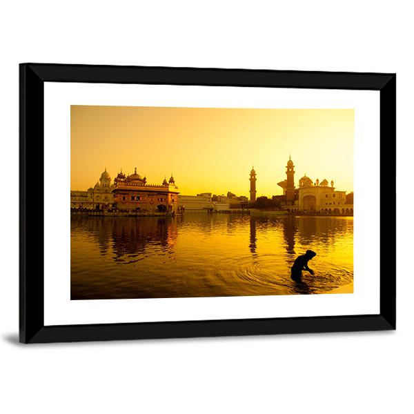 Sunset At Golden Temple In India Canvas Wall Art-5 Horizontal-Gallery Wrap-22" x 12"-Tiaracle