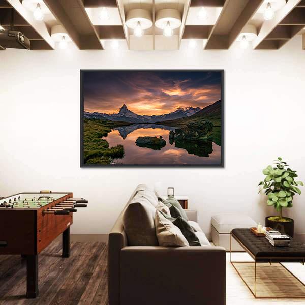 Sunset At Matterhorn With Reflection In Stelli Lake Canvas Wall Art-1 Piece-Floating Frame-24" x 16"-Tiaracle