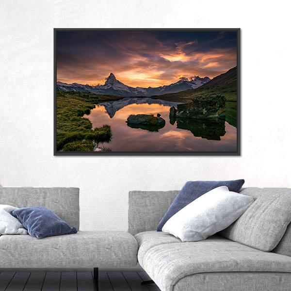 Sunset At Matterhorn With Reflection In Stelli Lake Canvas Wall Art-5 Horizontal-Gallery Wrap-22" x 12"-Tiaracle