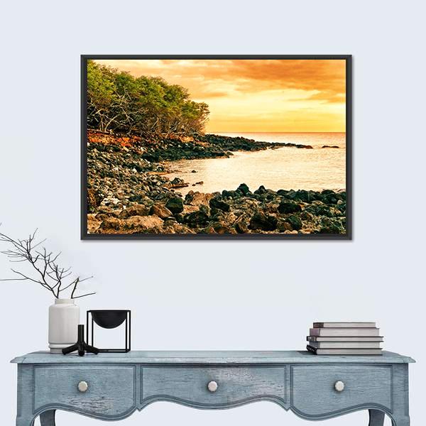Sunset At Volcanic Stones Beach In Hawaii Canvas Wall Art-1 Piece-Floating Frame-36" x 24"-Tiaracle