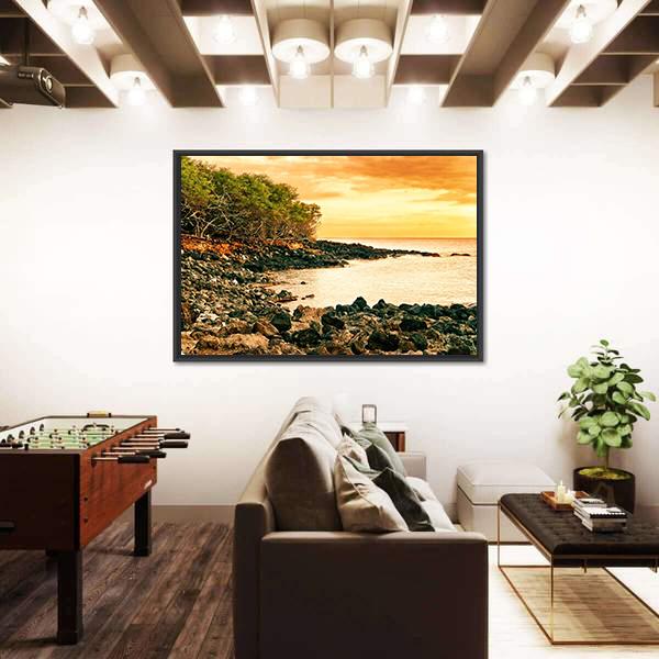 Sunset At Volcanic Stones Beach In Hawaii Canvas Wall Art-5 Horizontal-Gallery Wrap-22" x 12"-Tiaracle