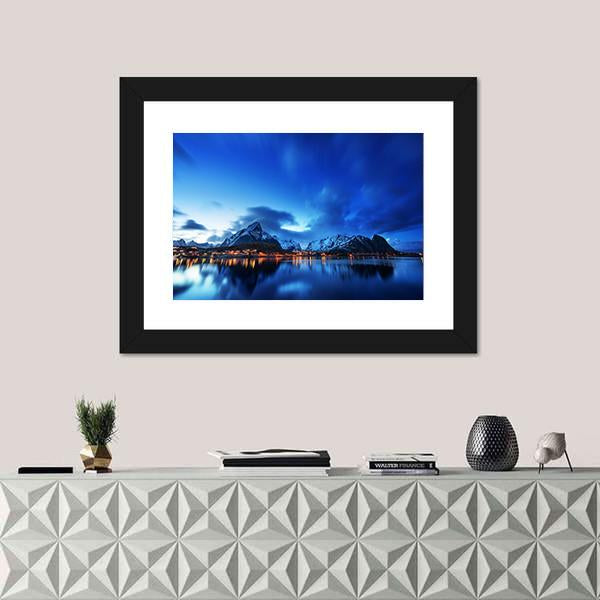 Sunset In Reine Village In Lofoten Islands Canvas Wall Art-1 Piece-Framed Print-20" x 16"-Tiaracle