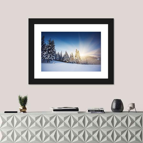 Sunset In The Winter Mountains Landscape Canvas Wall Art-1 Piece-Framed Print-30" x 20"-Tiaracle