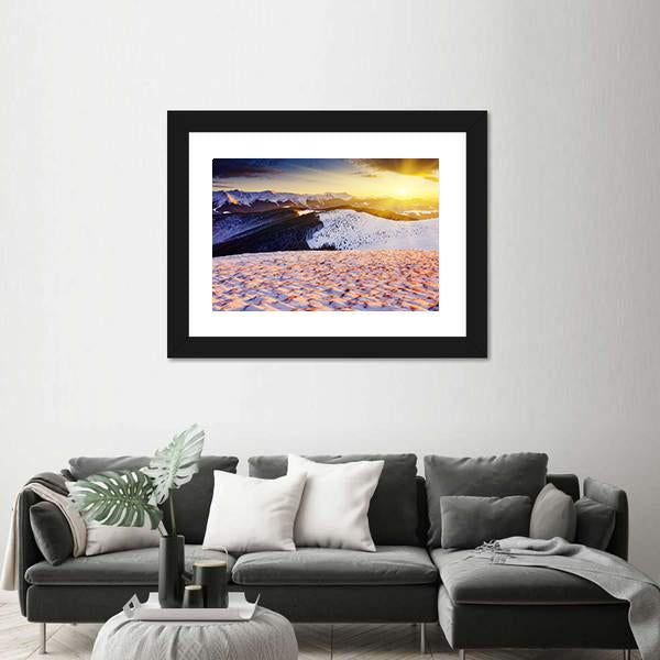 Sunset In The Winter Mountains Landscape Canvas Wall Art-1 Piece-Framed Print-30" x 20"-Tiaracle