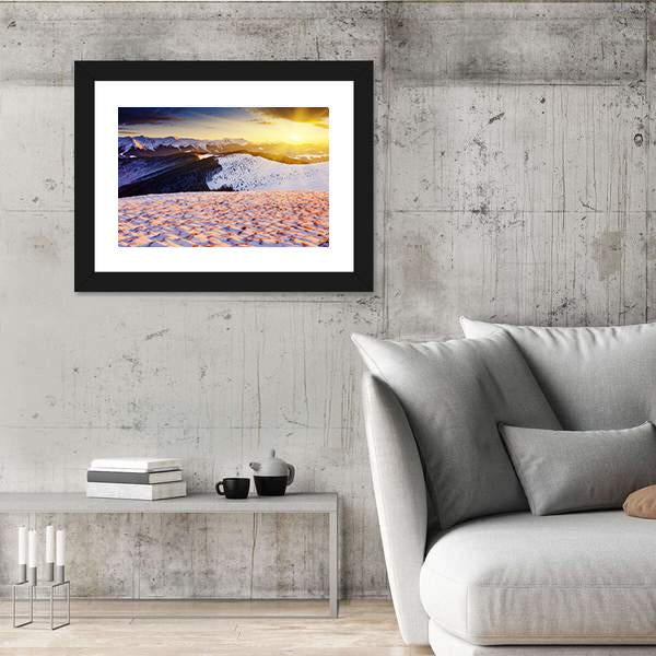 Sunset In The Winter Mountains Landscape Canvas Wall Art-5 Horizontal-Gallery Wrap-22" x 12"-Tiaracle