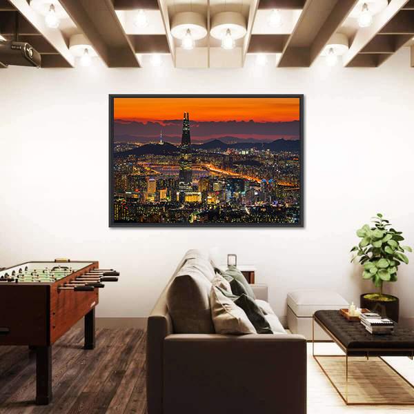 Sunset Of Seoul City Skyline Canvas Wall Art-1 Piece-Floating Frame-24" x 16"-Tiaracle