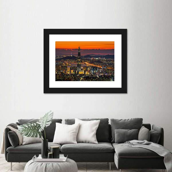 Sunset Of Seoul City Skyline Canvas Wall Art-1 Piece-Framed Print-20" x 16"-Tiaracle