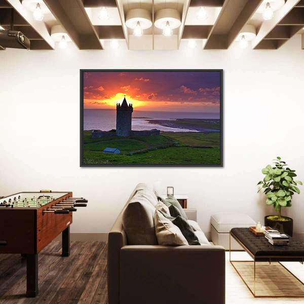 Sunset On An Ancient Castle In Ireland Canvas Wall Art-1 Piece-Floating Frame-24" x 16"-Tiaracle