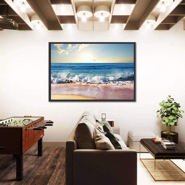 Sunset On Beach With Strong Ocean Waves Canvas Wall Art-5 Horizontal-Gallery Wrap-22" x 12"-Tiaracle