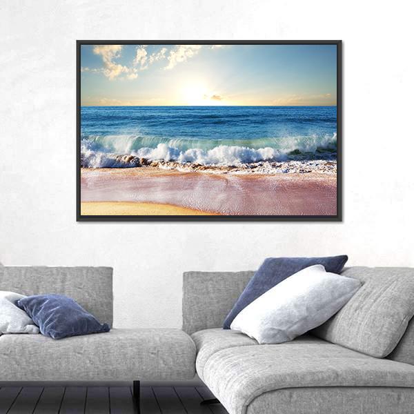 Sunset On Beach With Strong Ocean Waves Canvas Wall Art-5 Horizontal-Gallery Wrap-22" x 12"-Tiaracle
