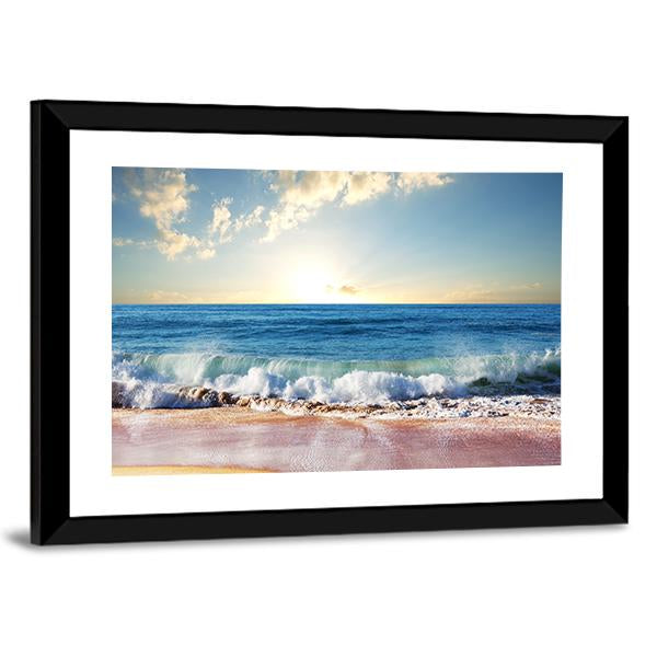 Sunset On Beach With Strong Ocean Waves Canvas Wall Art-5 Horizontal-Gallery Wrap-22" x 12"-Tiaracle