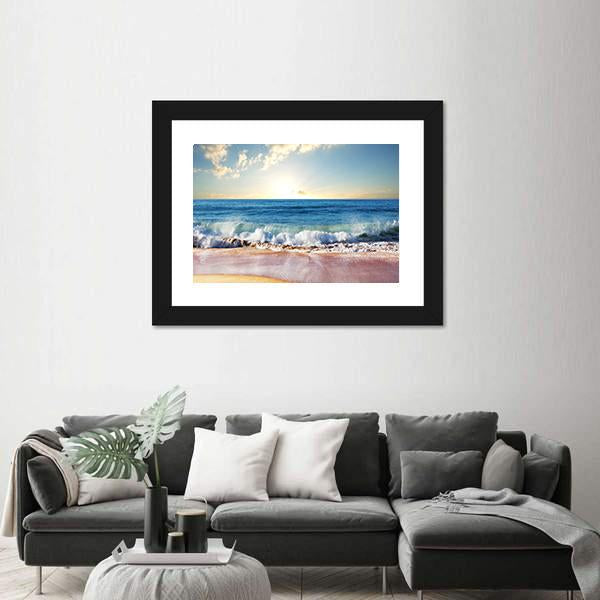Sunset On Beach With Strong Ocean Waves Canvas Wall Art-5 Horizontal-Gallery Wrap-22" x 12"-Tiaracle