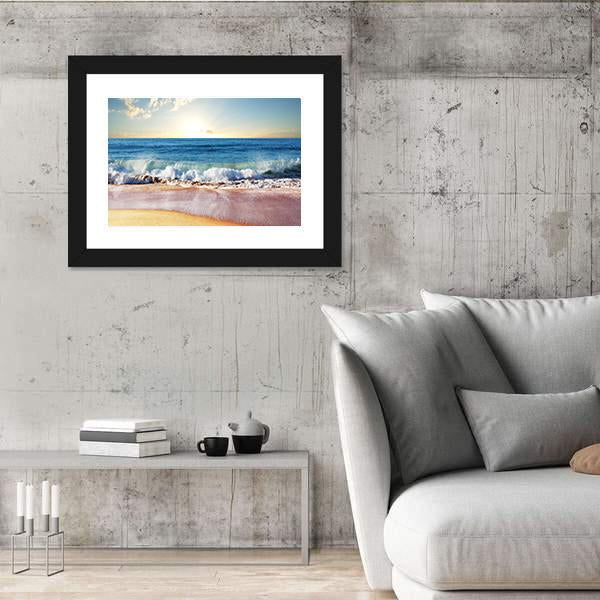 Sunset On Beach With Strong Ocean Waves Canvas Wall Art-5 Horizontal-Gallery Wrap-22" x 12"-Tiaracle