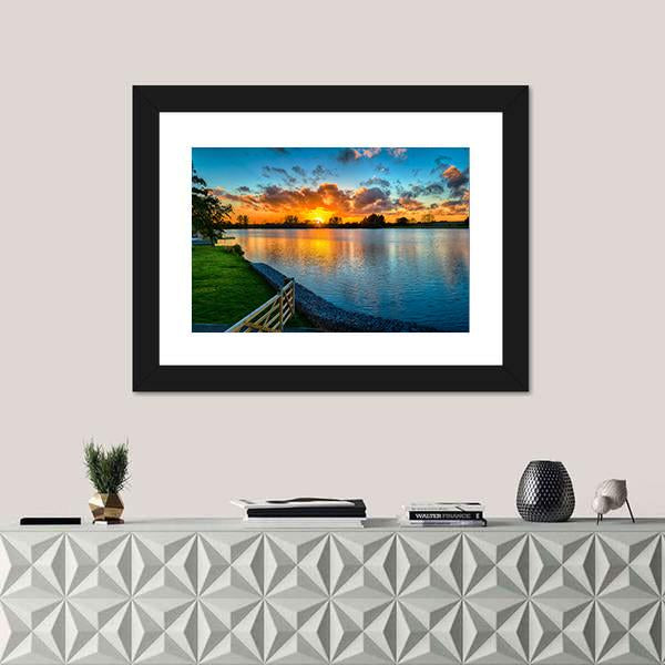 Sunset Over A Lake In Winter Canvas Wall Art-1 Piece-Framed Print-30" x 20"-Tiaracle