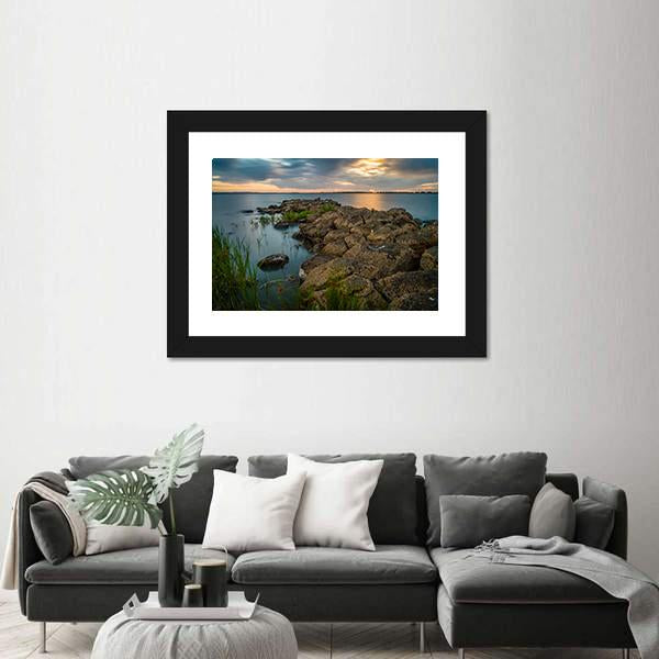 Sunset Over A Stone Pier In Lake Colac Canvas Wall Art-3 Horizontal-Gallery Wrap-25" x 16"-Tiaracle