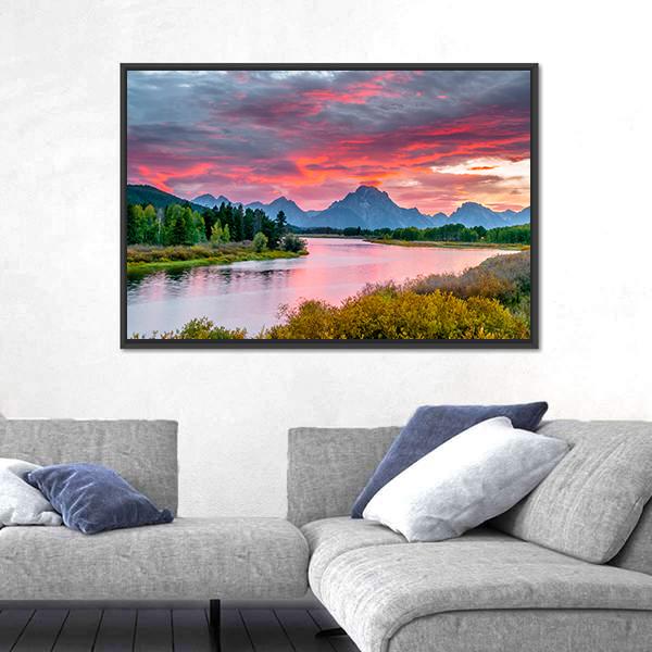 Sunset Over Grand Tetons Canvas Wall Art-5 Horizontal-Gallery Wrap-22" x 12"-Tiaracle