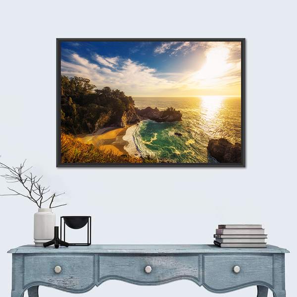 Sunset Over Pacific Coast Highway In California Canvas Wall Art-1 Piece-Floating Frame-36" x 24"-Tiaracle