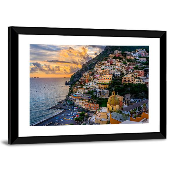 Sunset Over Positano At Amalfi Coast Canvas Wall Art-5 Horizontal-Gallery Wrap-22" x 12"-Tiaracle