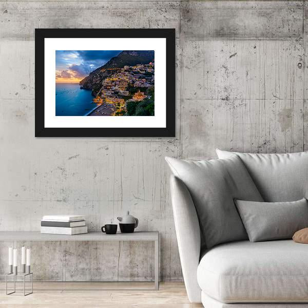 Sunset Over Positano At Amalfi Coast Canvas Wall Art-5 Horizontal-Gallery Wrap-22" x 12"-Tiaracle