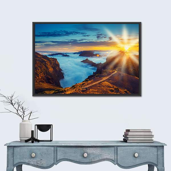 Sunset Over The Mountains In Portugal Canvas Wall Art-1 Piece-Floating Frame-36" x 24"-Tiaracle
