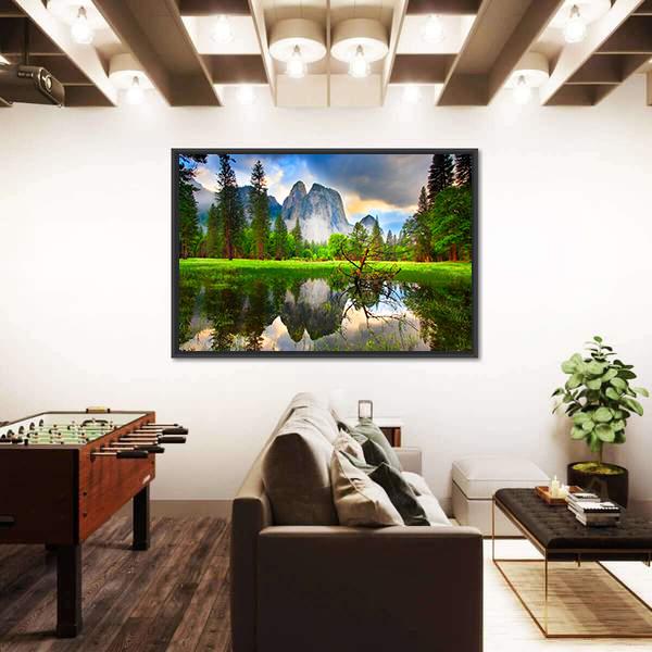 Sunset Reflections At Yosemite's Cathedral Rocks Canvas Wall Art-1 Piece-Floating Frame-24" x 16"-Tiaracle