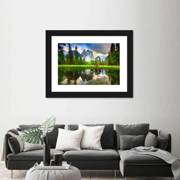 Sunset Reflections At Yosemite's Cathedral Rocks Canvas Wall Art-1 Piece-Framed Print-20" x 16"-Tiaracle