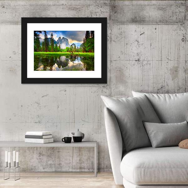 Sunset Reflections At Yosemite's Cathedral Rocks Canvas Wall Art-5 Horizontal-Gallery Wrap-22" x 12"-Tiaracle