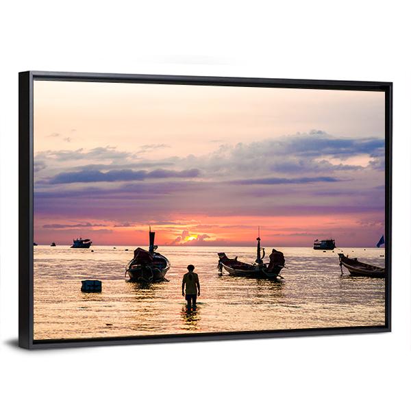 Sunset With Boat On Sea Beach Canvas Wall Art-5 Horizontal-Gallery Wrap-22" x 12"-Tiaracle
