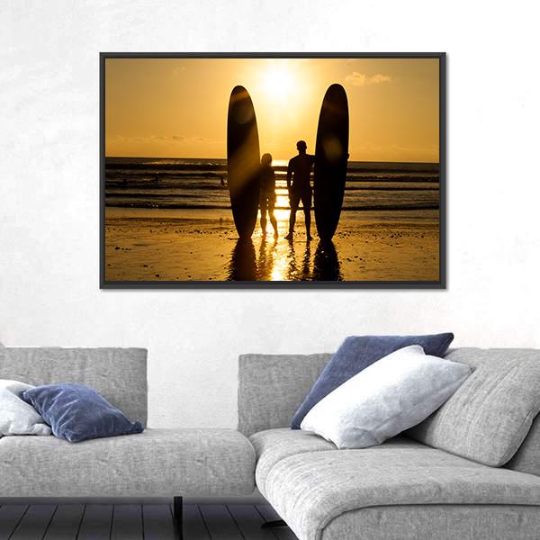 Surfer Couple Holding Long Surf Boards At Sunset On Beach Canvas Wall Art-5 Horizontal-Gallery Wrap-22" x 12"-Tiaracle
