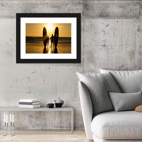 Surfer Couple Holding Long Surf Boards At Sunset On Beach Canvas Wall Art-5 Horizontal-Gallery Wrap-22" x 12"-Tiaracle