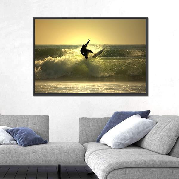 Surfer Surfing At Sunset Canvas Wall Art-5 Horizontal-Gallery Wrap-22" x 12"-Tiaracle