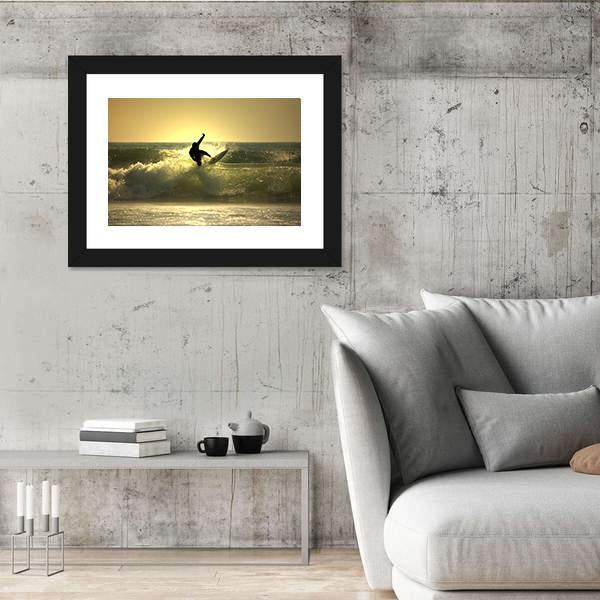 Surfer Surfing At Sunset Canvas Wall Art-5 Horizontal-Gallery Wrap-22" x 12"-Tiaracle