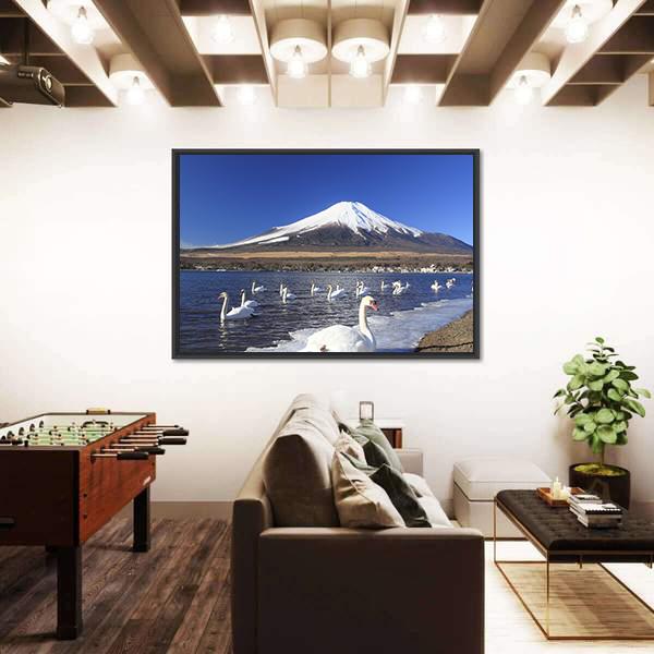 Swans Infront Of Mount Fuji Canvas Wall Art-5 Horizontal-Gallery Wrap-22" x 12"-Tiaracle