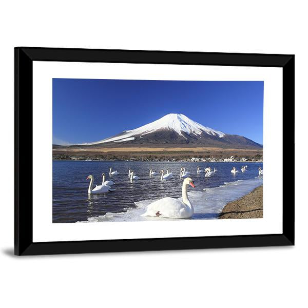 Swans Infront Of Mount Fuji Canvas Wall Art-5 Horizontal-Gallery Wrap-22" x 12"-Tiaracle