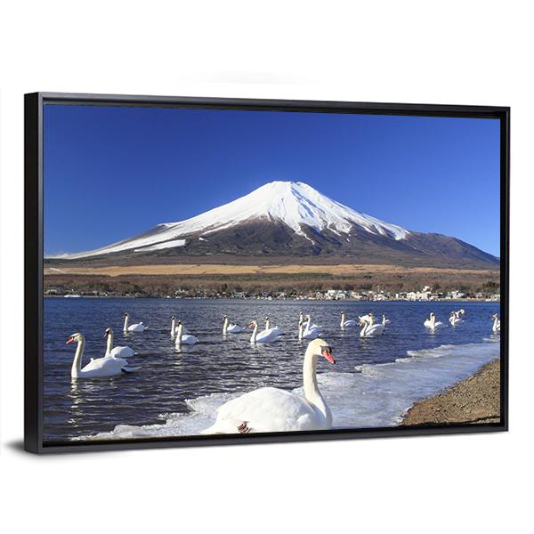 Swans Infront Of Mount Fuji Canvas Wall Art-5 Horizontal-Gallery Wrap-22" x 12"-Tiaracle