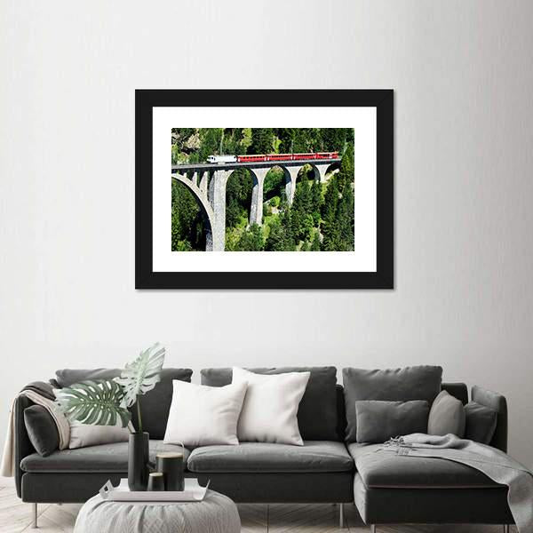 Swiss Train On Very High Bridge Near Wiesen Switzerland Canvas Wall Art-1 Piece-Framed Print-20" x 16"-Tiaracle