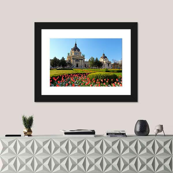 Szechenyi Spa With Flowers In Budapest Canvas Wall Art-1 Piece-Framed Print-30" x 20"-Tiaracle