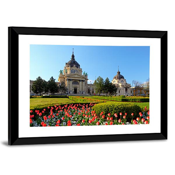 Szechenyi Spa With Flowers In Budapest Canvas Wall Art-3 Horizontal-Gallery Wrap-25" x 16"-Tiaracle