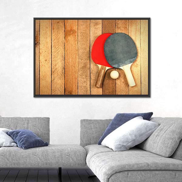 Table Tennis Paddles And Ball On Wooden Texture Canvas Wall Art-5 Horizontal-Gallery Wrap-22" x 12"-Tiaracle