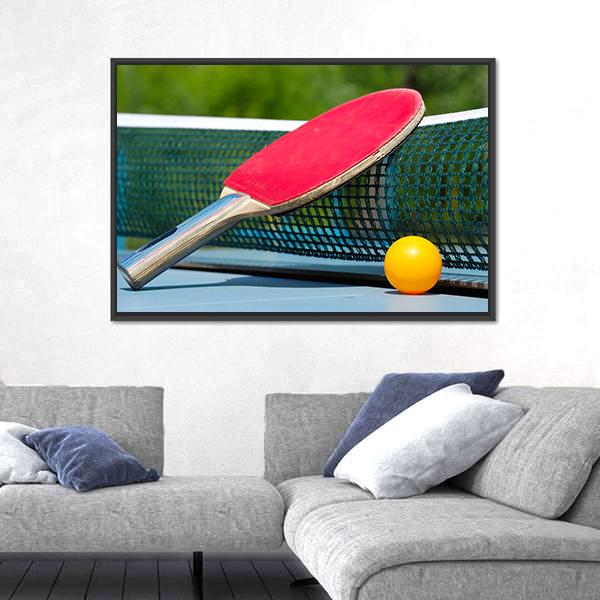 Table Tennis Racket And Ball On Net Canvas Wall Art-5 Horizontal-Gallery Wrap-22" x 12"-Tiaracle