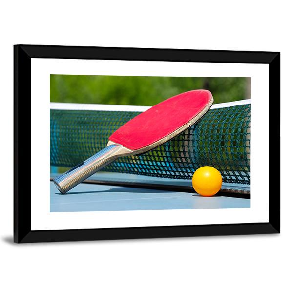 Table Tennis Racket And Ball On Net Canvas Wall Art-5 Horizontal-Gallery Wrap-22" x 12"-Tiaracle