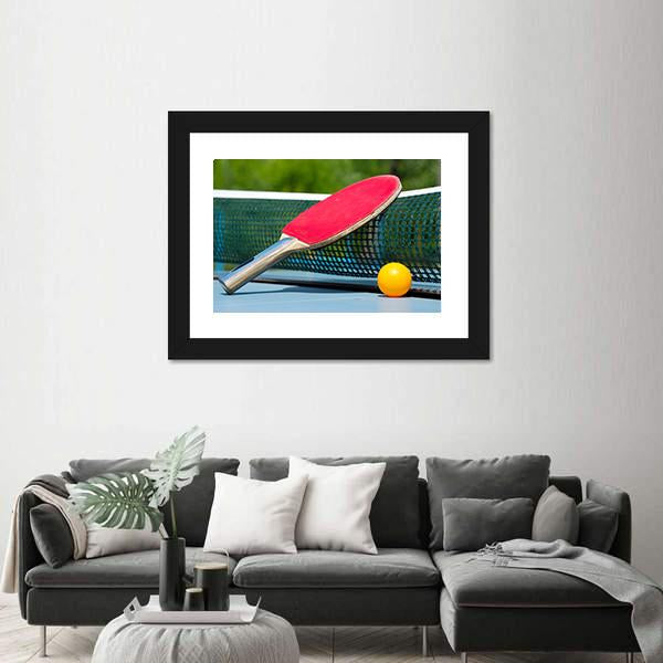 Table Tennis Racket And Ball On Net Canvas Wall Art-5 Horizontal-Gallery Wrap-22" x 12"-Tiaracle