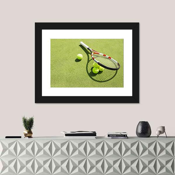 Tennis Racket And Balls Canvas Wall Art-1 Piece-Framed Print-30" x 20"-Tiaracle
