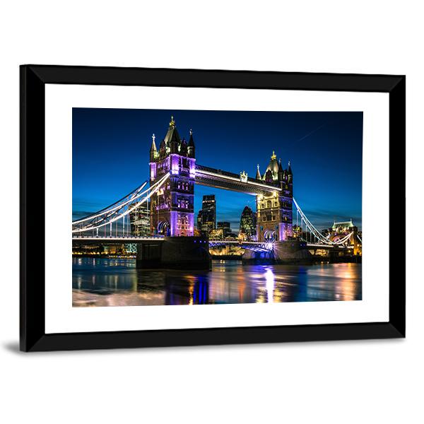 Tower Bridge At Night Canvas Wall Art-5 Horizontal-Gallery Wrap-22" x 12"-Tiaracle