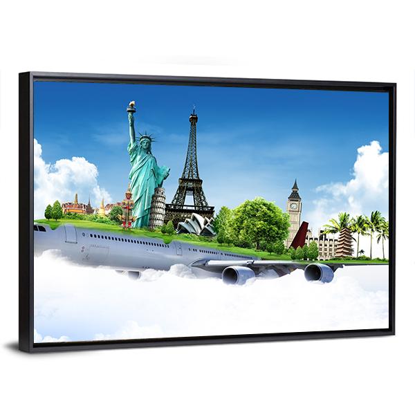 Travel The World By Airplane Canvas Wall Art-3 Horizontal-Gallery Wrap-25" x 16"-Tiaracle