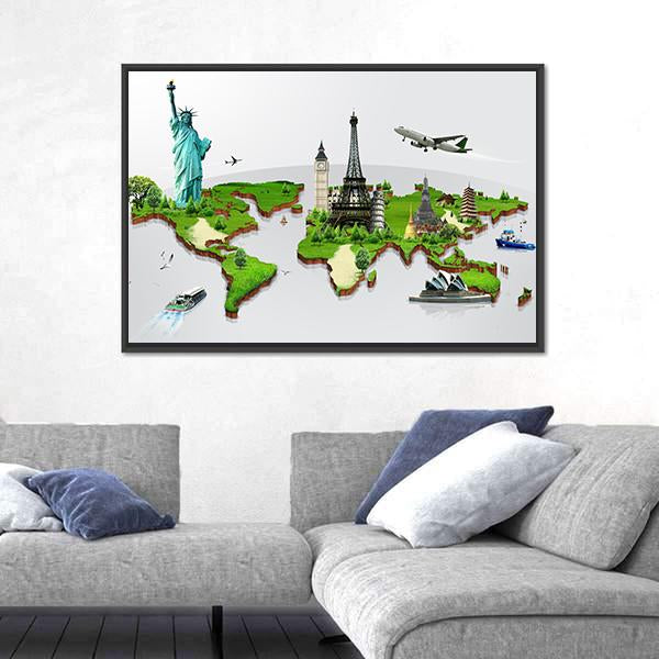 Travel The World Monuments Concept Canvas Wall Art-5 Horizontal-Gallery Wrap-22" x 12"-Tiaracle