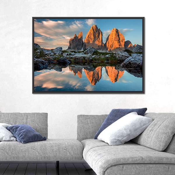 Tre Cime di Lavaredo With Reflection In Lake Canvas Wall Art-3 Horizontal-Gallery Wrap-25" x 16"-Tiaracle