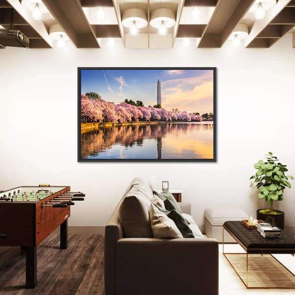 USA At Tidal Basin With Washington Monument Canvas Wall Art-5 Horizontal-Gallery Wrap-22" x 12"-Tiaracle