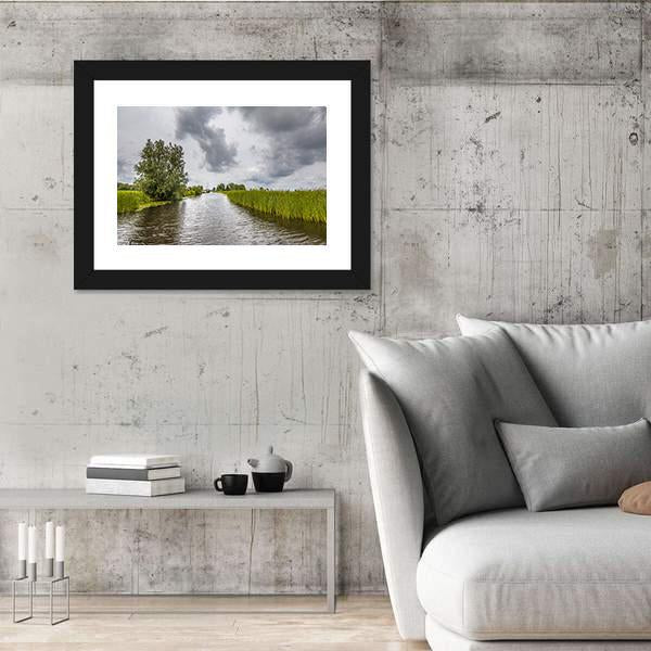 View In Canal Banks With Reeds And Typha Canvas Wall Art-3 Horizontal-Gallery Wrap-25" x 16"-Tiaracle